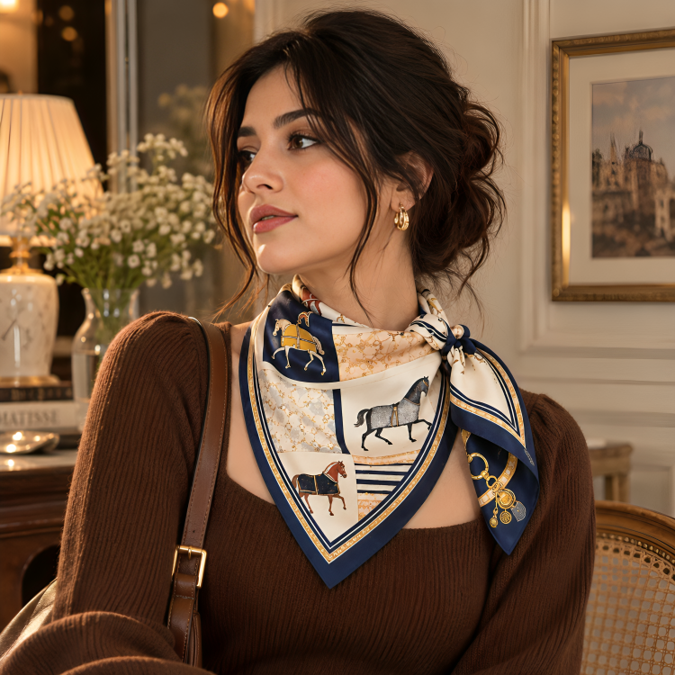 Elegant Equestrian Printed Satin Neck & Head Scarf for Women