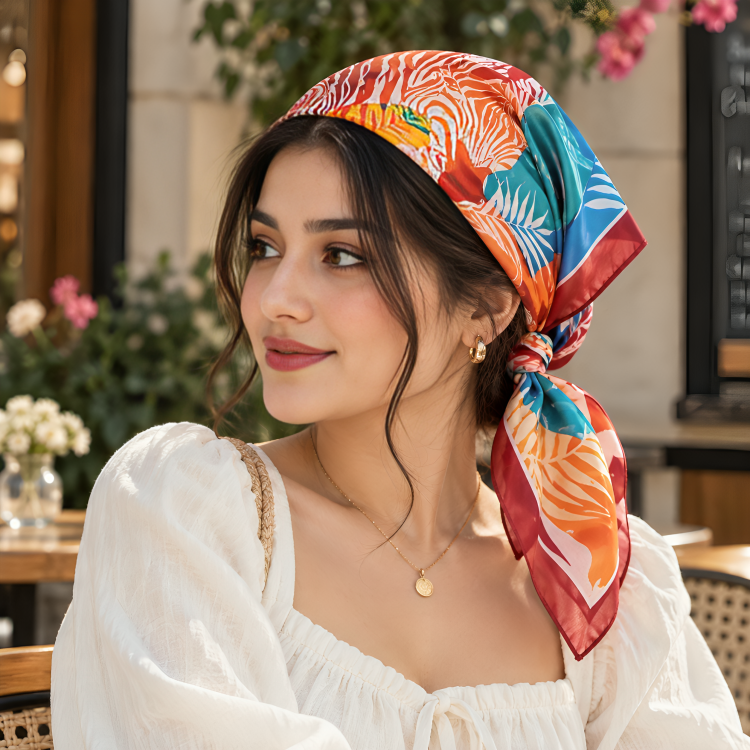 Vivid Sunset Zebra Print Silky Satin Square Wrap & Headband