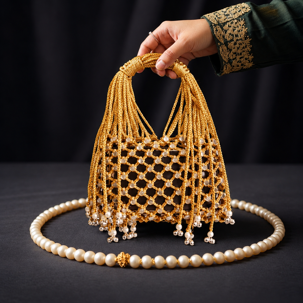 Golden Handcrafted Macrame Potli Clutch