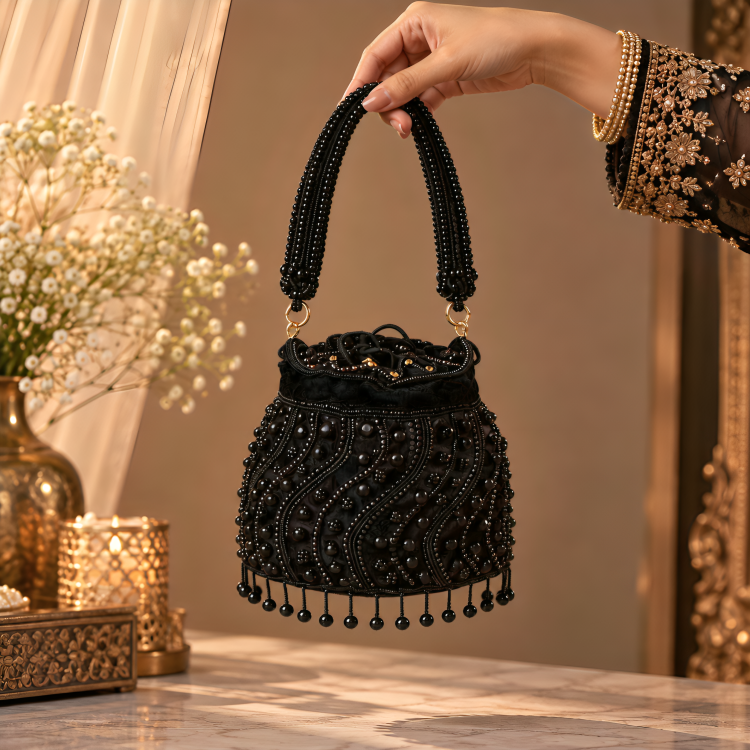 Women's Black Embroidery Potli Bag