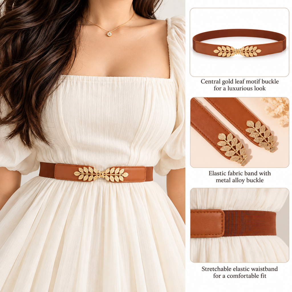 Camel Brown Elastic Fabric Belt with Gold Leaf Buckle for Women
