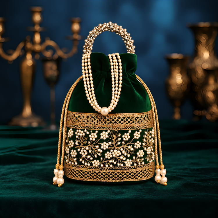 Womens Premium Green Pearl Handle Potli Bag