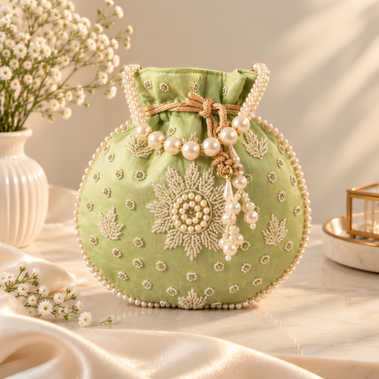 Handcrafted Sage Green Embroidered Potli Clutch for Women