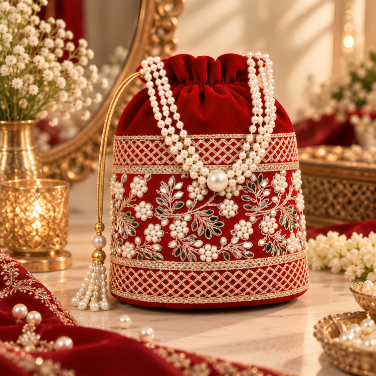 Bridal Maroon Velvet Potli Clutch