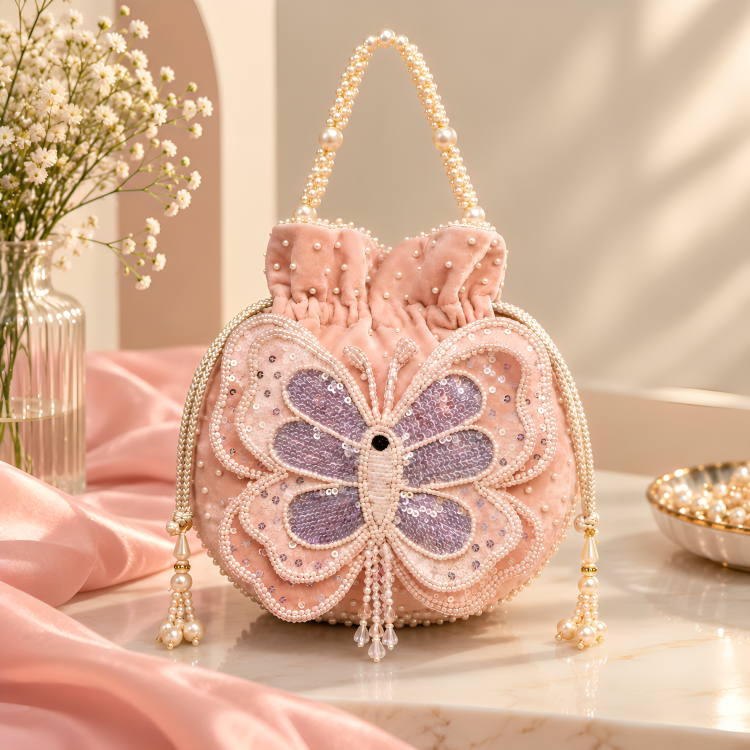 Blush Pink Butterfly Applique Potli Bag with Pearl Handle