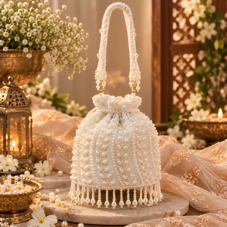 Designer Women's White Pearl & Zardosi Embroidered Potli Clutch