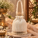 Designer Women's White Pearl & Zardosi Embroidered Potli Clutch