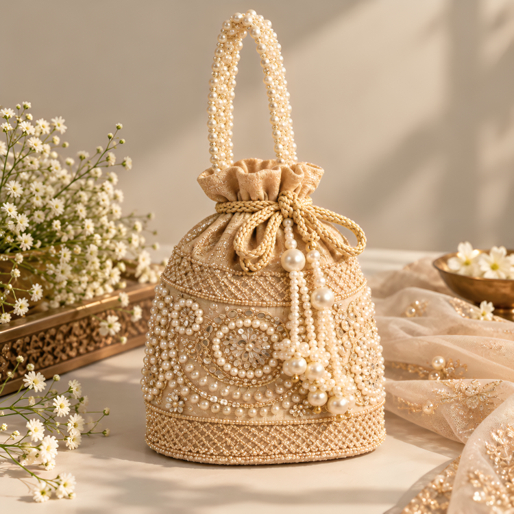 Bridal Gold Embroidered Potli Clutch with Pearl Handle