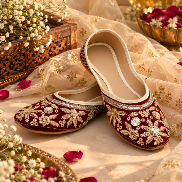 Royal Maroon & Gold Embroidered Ethnic Punjabi Juttis