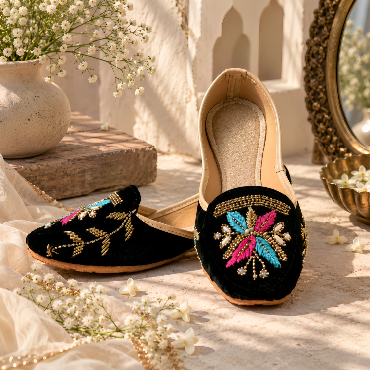 Handcrafted Black Velvet Zardozi & Thread Embroidery Punjabi Jutti