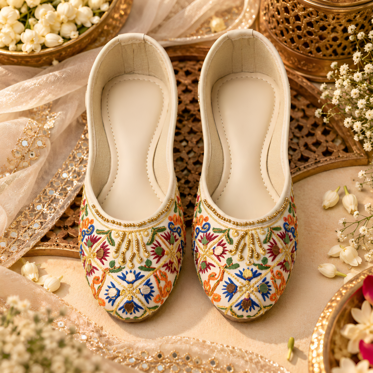 Cream & Multicolored Floral Ethnic Juttis