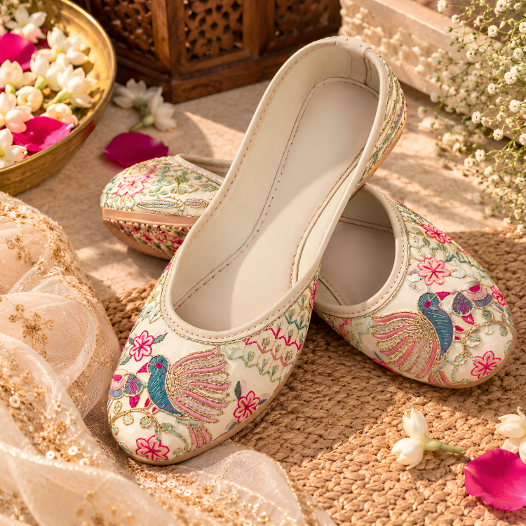 Traditional Cream & Gold Zardosi Bridal Juttis with Peacock Motif