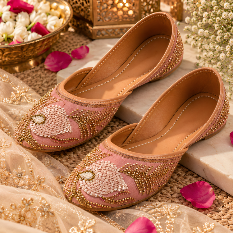 Traditional Peach Embellished Ethnic Mojaris & Footwear