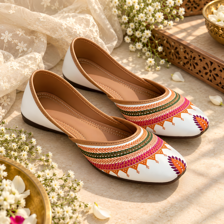 Traditional White Ethnic Bellies & Flat Mojaris for Women