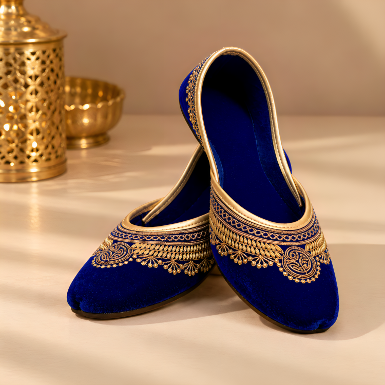 Royal Blue Velvet & Gold Zari Embroidered Punjabi Juttis for Women