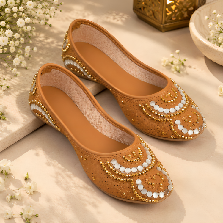 Traditional Brown Handcrafted Designer Mojaris with Pearl & Stone Work