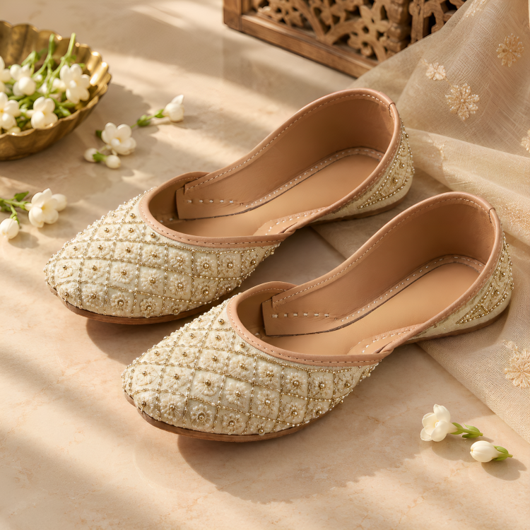 Pearl Glow Embroidered Juttis – Ivory & Gold