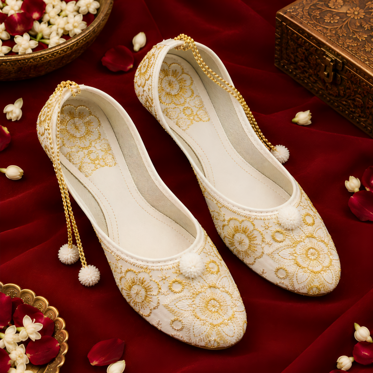 Ruhani Zari | Ivory Gold Floral Embroidered Punjabi Jutti