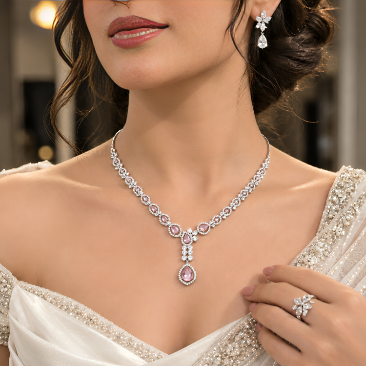 Elegant Silver-Plated Cubic Zirconia Necklace Set with Earrings