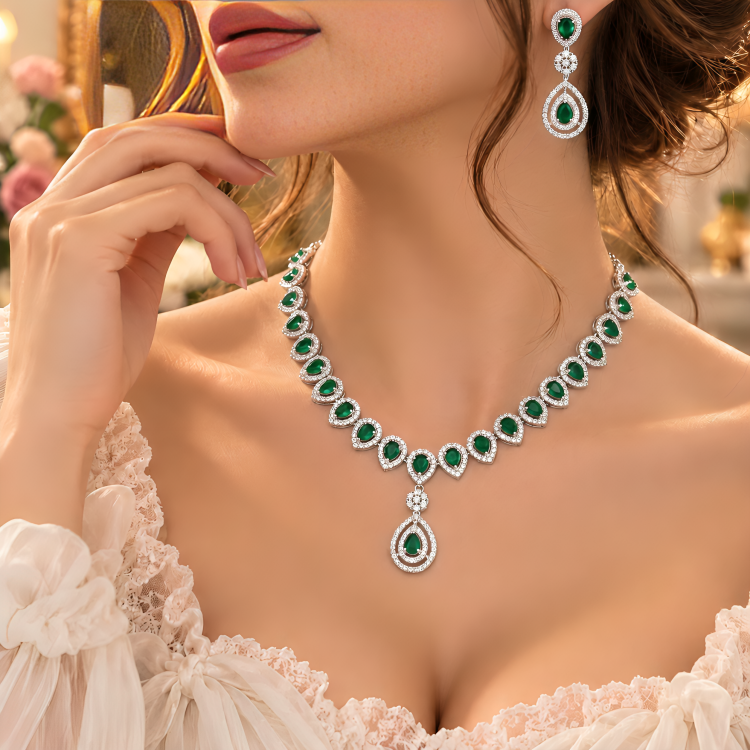 Green American Diamond Teardrop Necklace Set with Earrings