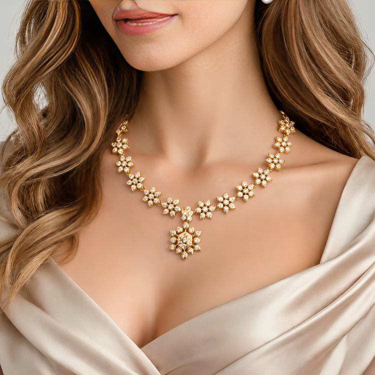 Gold-Plated Matte Finish Pearl Stone Necklace Set