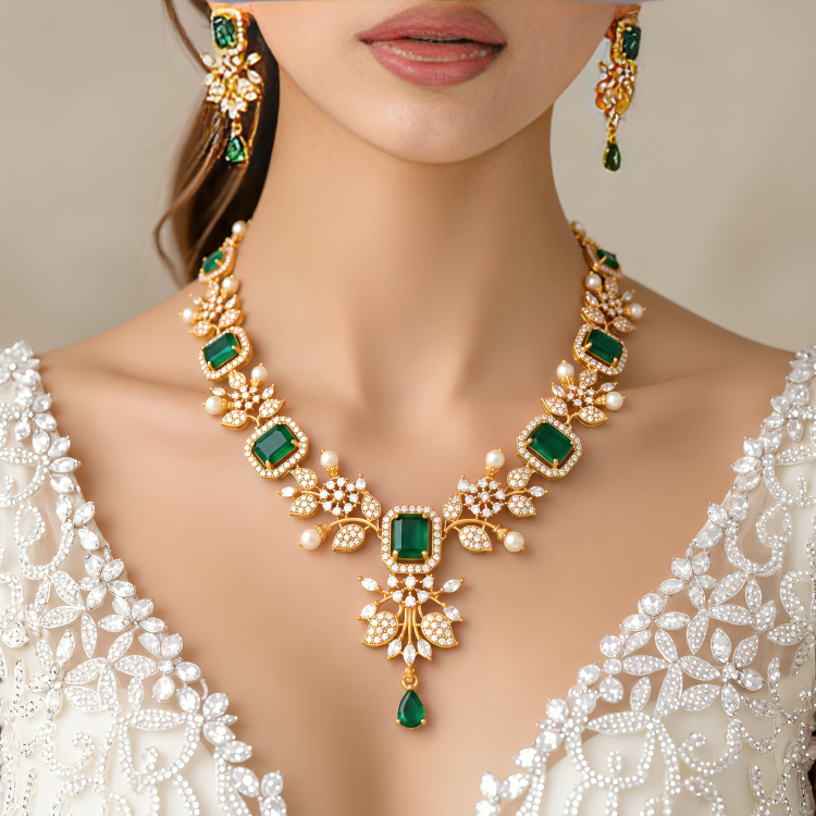 Gold-Plated Diamond Green Stone Necklace Set