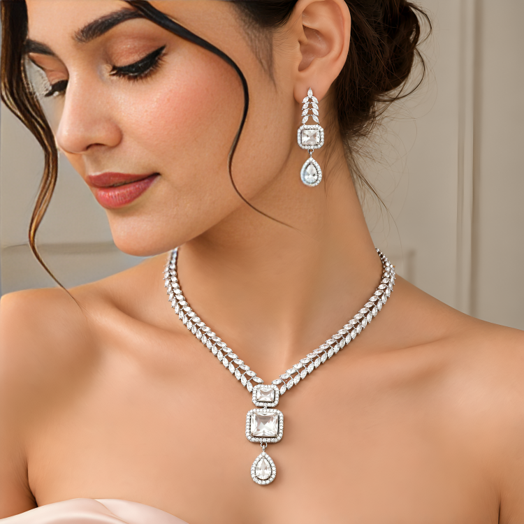 Silver-Plated Cubic Zirconia Chunky Necklace Set with Earrings