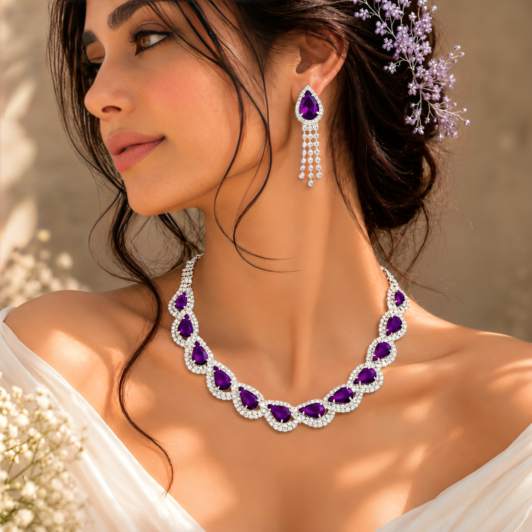 Bridal Wear Silver-Plated Austrian Stone Necklace Set for Wome