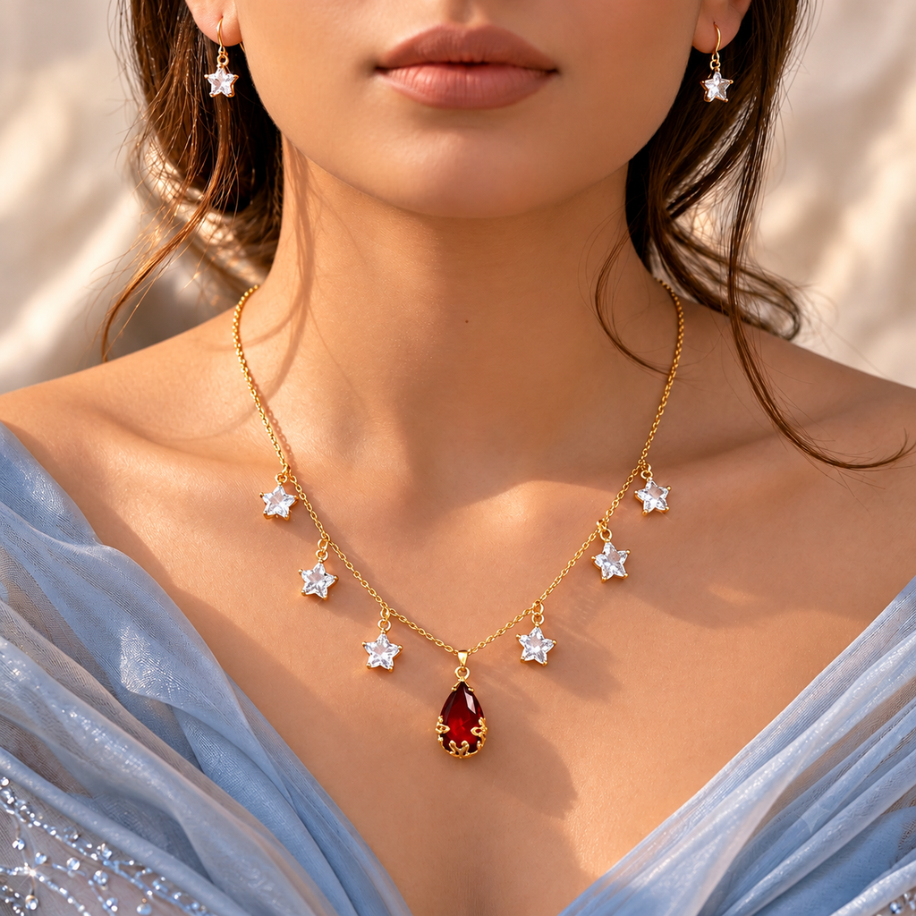 Gold Chain Necklace with Crystal Stars & Ruby Pendant