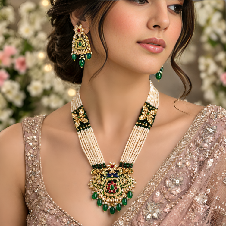 Gold-Plated Green Peafowl Pearl Long Necklace Set