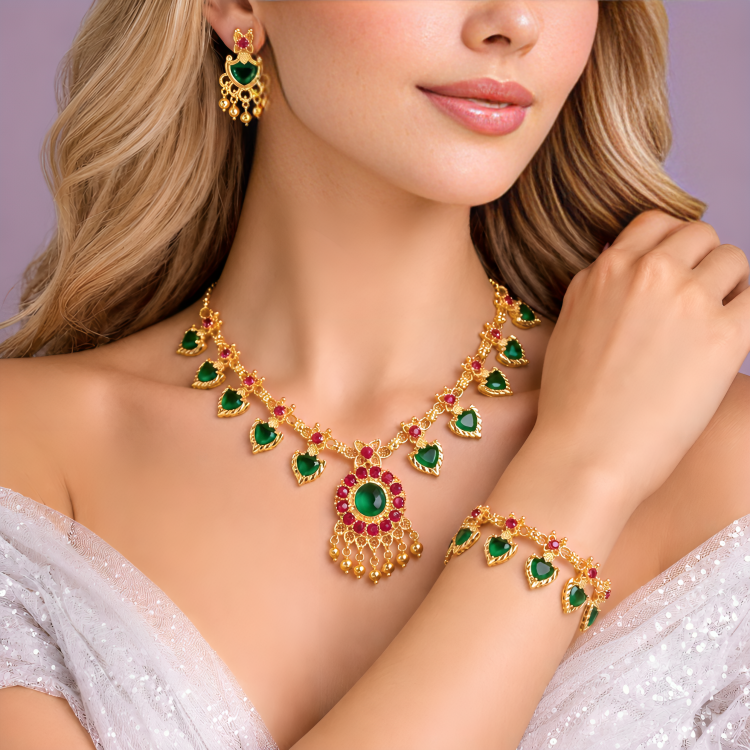 Gold-Plated Green & Red Stone Short Necklace Set with Earrings