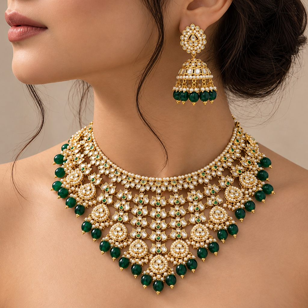 Traditional Ethnic Gold-Plated Green Stone Kundan Bridal Jewellery Set