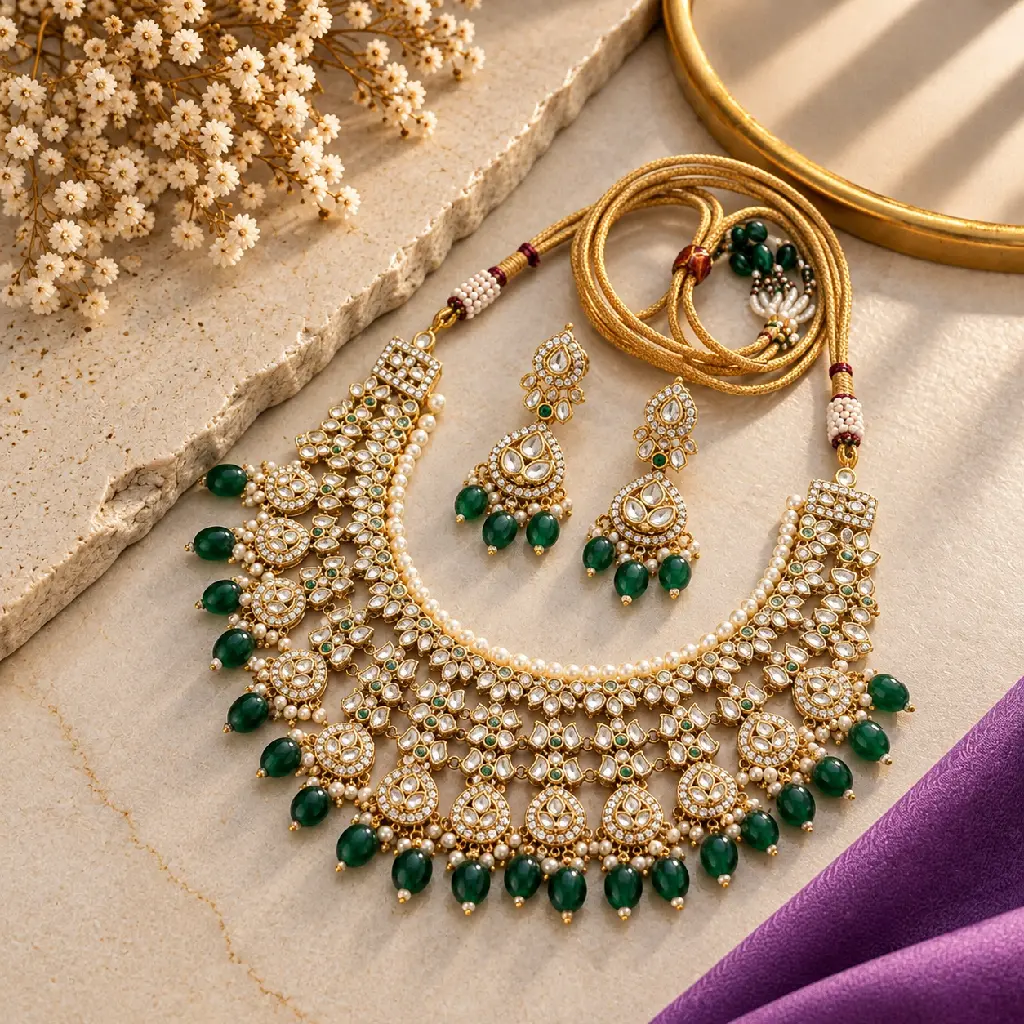 Luxurious Emerald Kundan Jewelry Flat Lay.webp