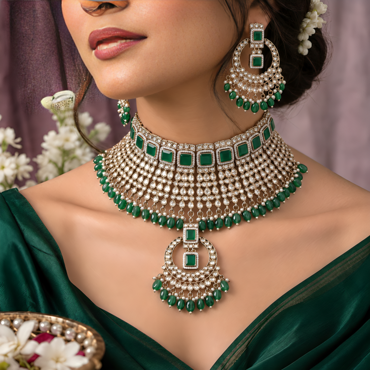 Mehndi-Plated Kundan Green Stone Bridal Necklace Set