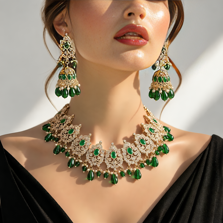 Gold-Plated Green Pearls Necklace Set