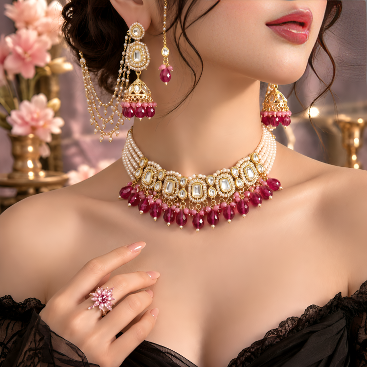 Ethnic Party Wear Magenta Stone Bridal Necklace Set