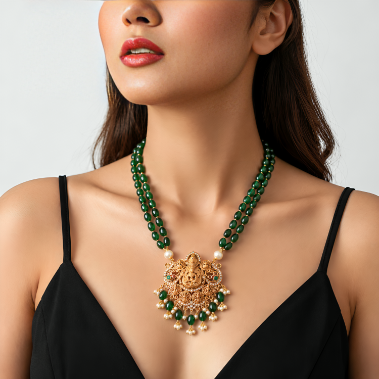 Traditional Gold-Plated Green Beads Long Rani Haar with Temple Pendant