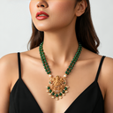 Traditional Gold-Plated Green Beads Long Rani Haar with Temple Pendant