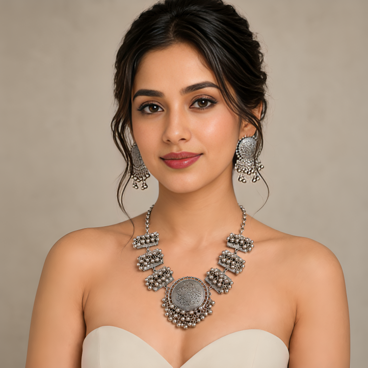 Ethnic Casual Oxidised Silver Plated Statement Necklace with Matching Earrings
