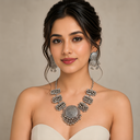 Ethnic Casual Oxidised Silver Plated Statement Necklace with Matching Earrings