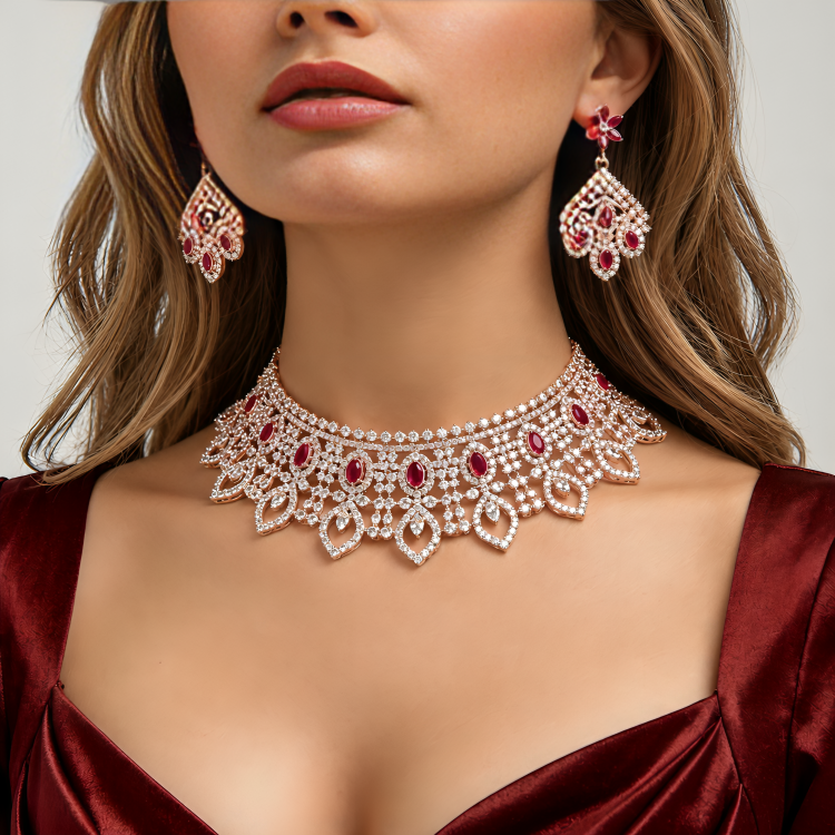 Rose Gold-Plated American Diamond Maroon Necklace Set
