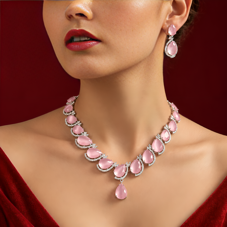 Cubic Zirconia Pink Crystal Chunky Necklace Set