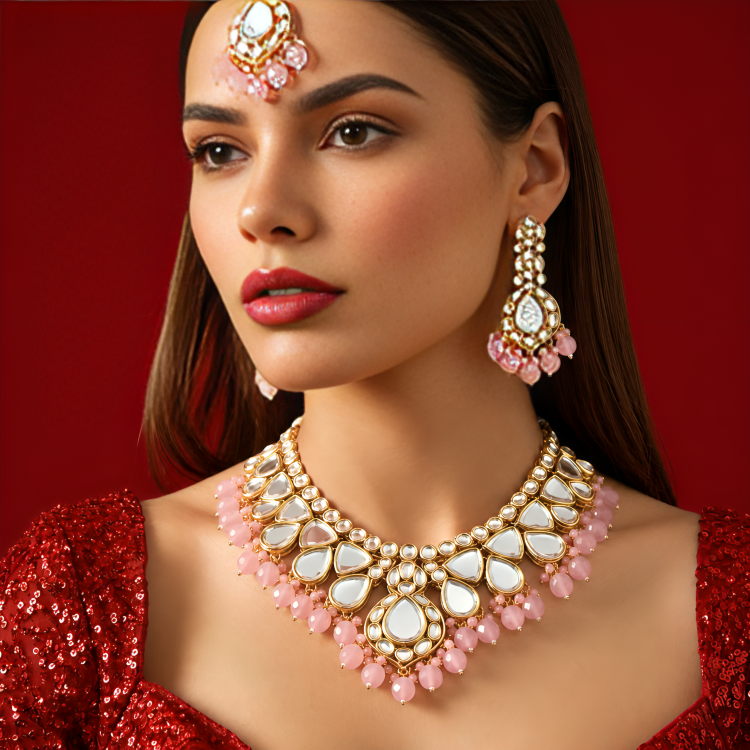 Rose Quartz American Diamond Choker Set