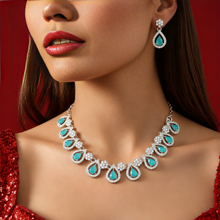 Rhodium-Plated Sky Blue Stone Party Wear Necklace Set
