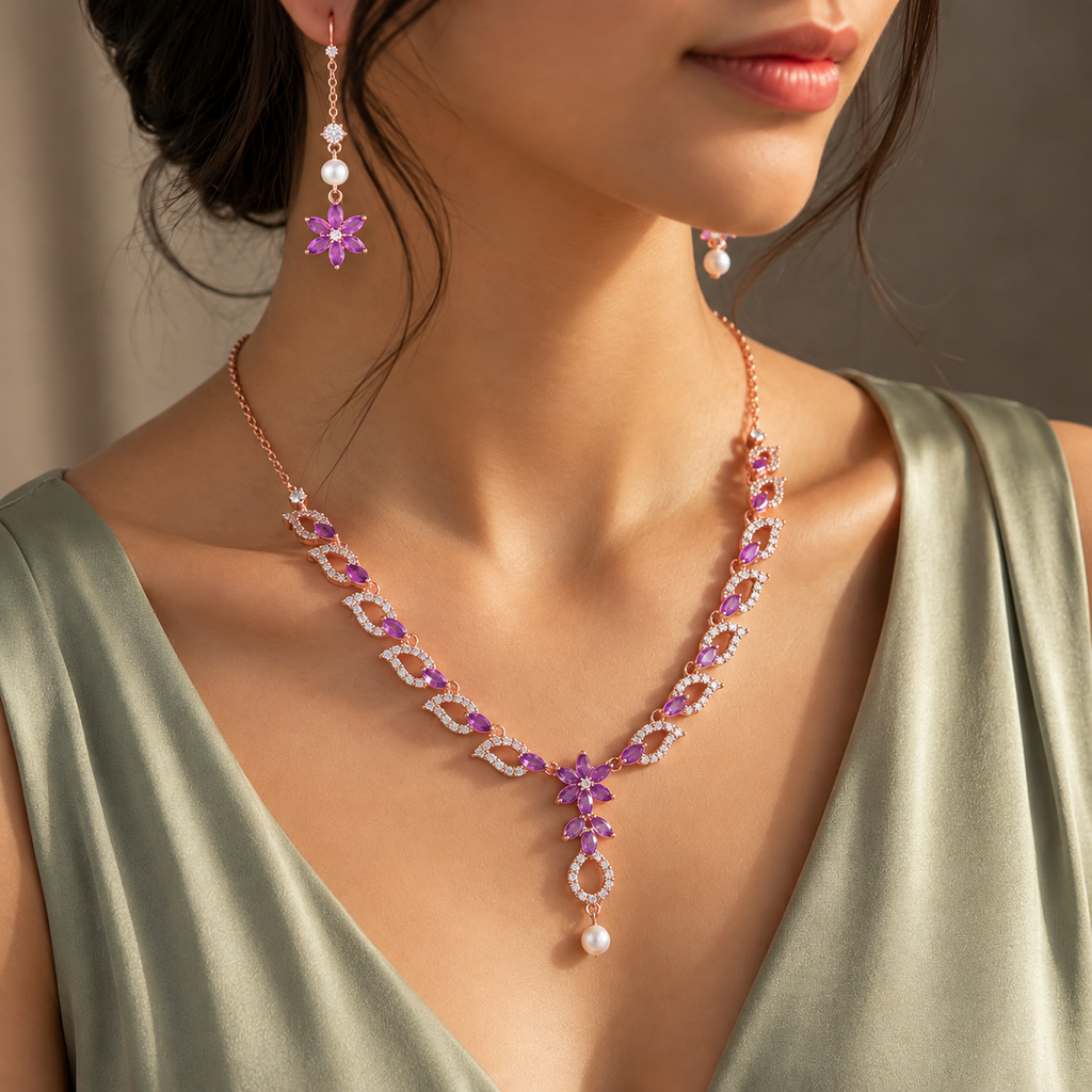 Western Party Wear Cubic Zirconia Pink Crystal Floral Necklace with Earring
