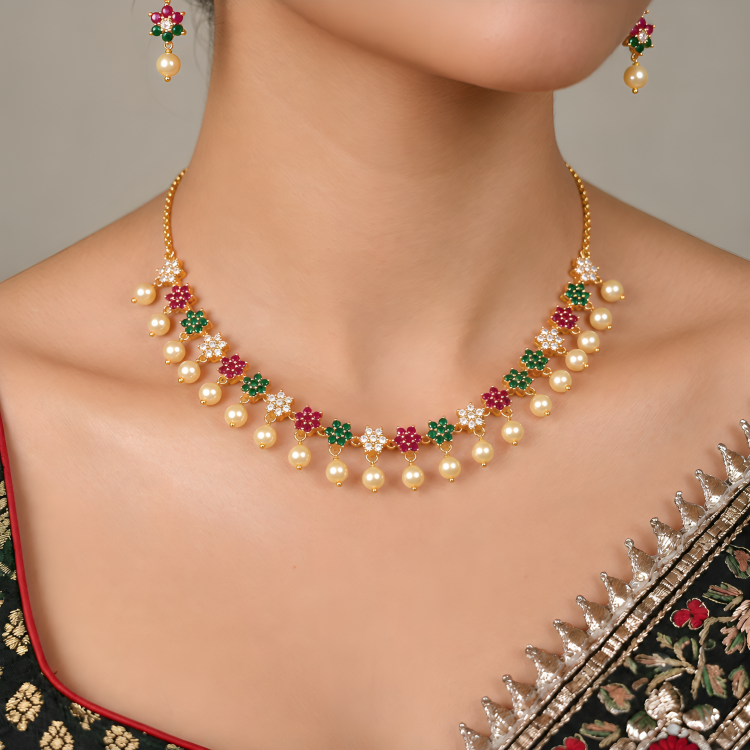 Ethnic Party Wear Cubic Zirconia Multicolor Stone Designer Choker Set