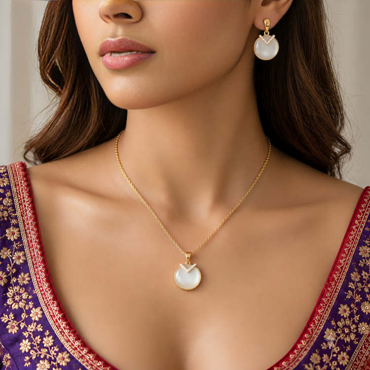 Gold-Toned Pendant Necklace with Matching Earrings Set