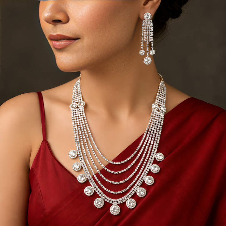 multi-strand white finish cubic zirconia layered necklace set
