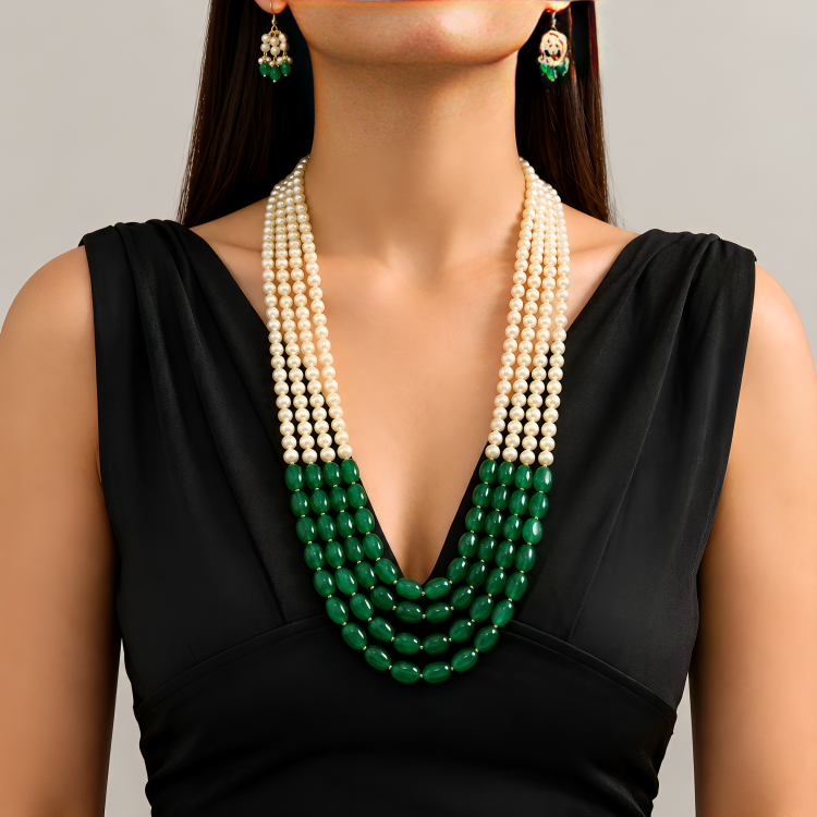 Silver Gems Radiant Red Pearl & Jade Alloy Necklace