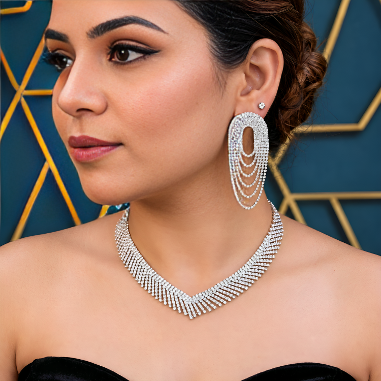 Western Style American Diamond Sparkling Layered Necklace with Earrings